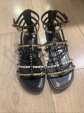 Tory Burch Studded Black and Gold Gladiator Sandals - Women 7.5